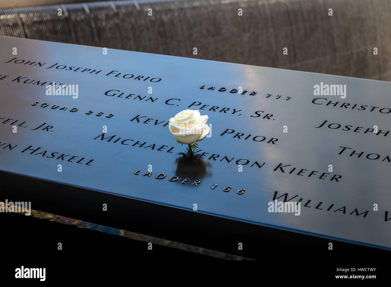 Birthday white rose left near name of victim engraved on bronze parapet of 9/11 Memorial at World Trade Center Ground Zero  - New York, USA Stock Photo