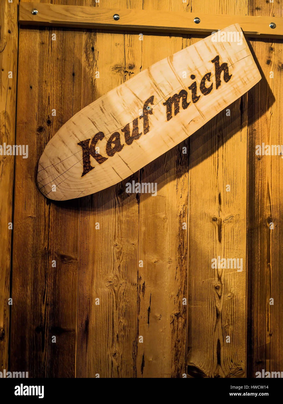 Purchase me stands on a sign in a business, Kauf mich steht auf einem Schild in einem Geschäft Stock Photo