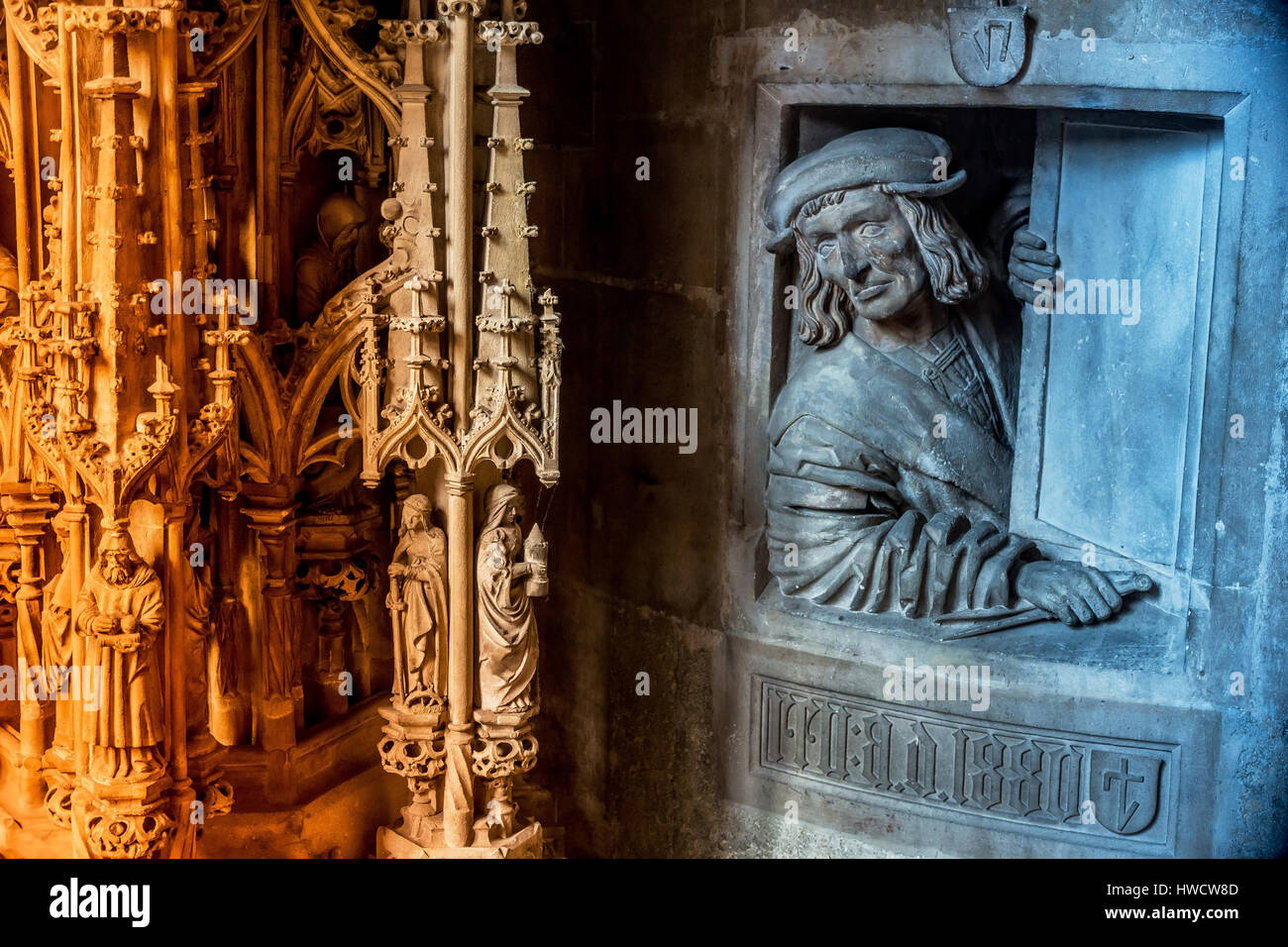 Austria, Vienna, Stephansdom. One of the landmarks of the town. Indoor photograph of the Fensterguckers in the pulpit., Österreich, Wien, Stephansdom. Stock Photo