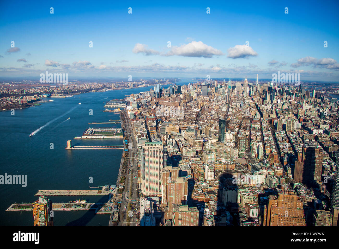 Skyline aerial view of Manhattan with skyscrapers and Hudson River - New York, USA Stock Photo
