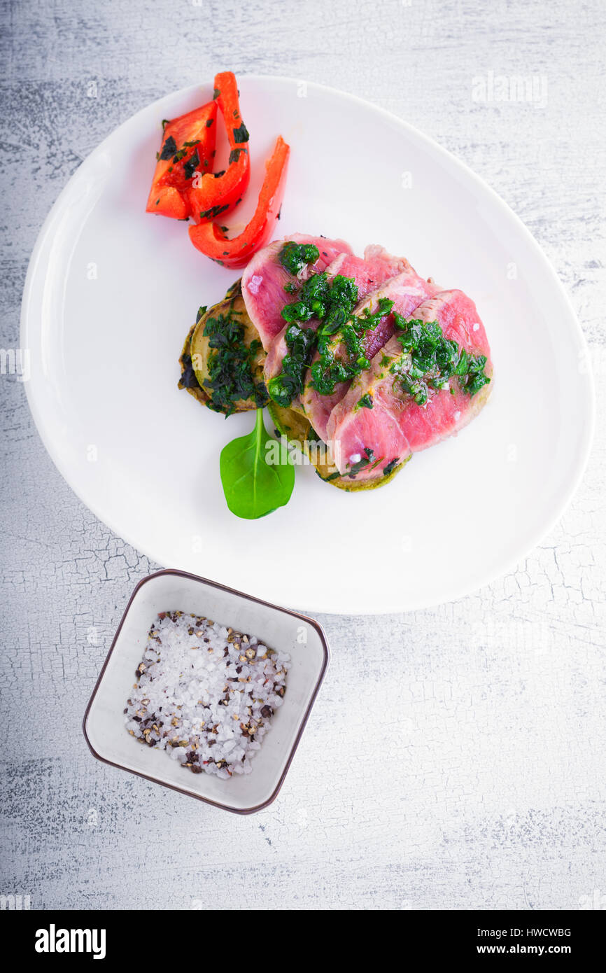 A plate of sliced roast beef Stock Photo