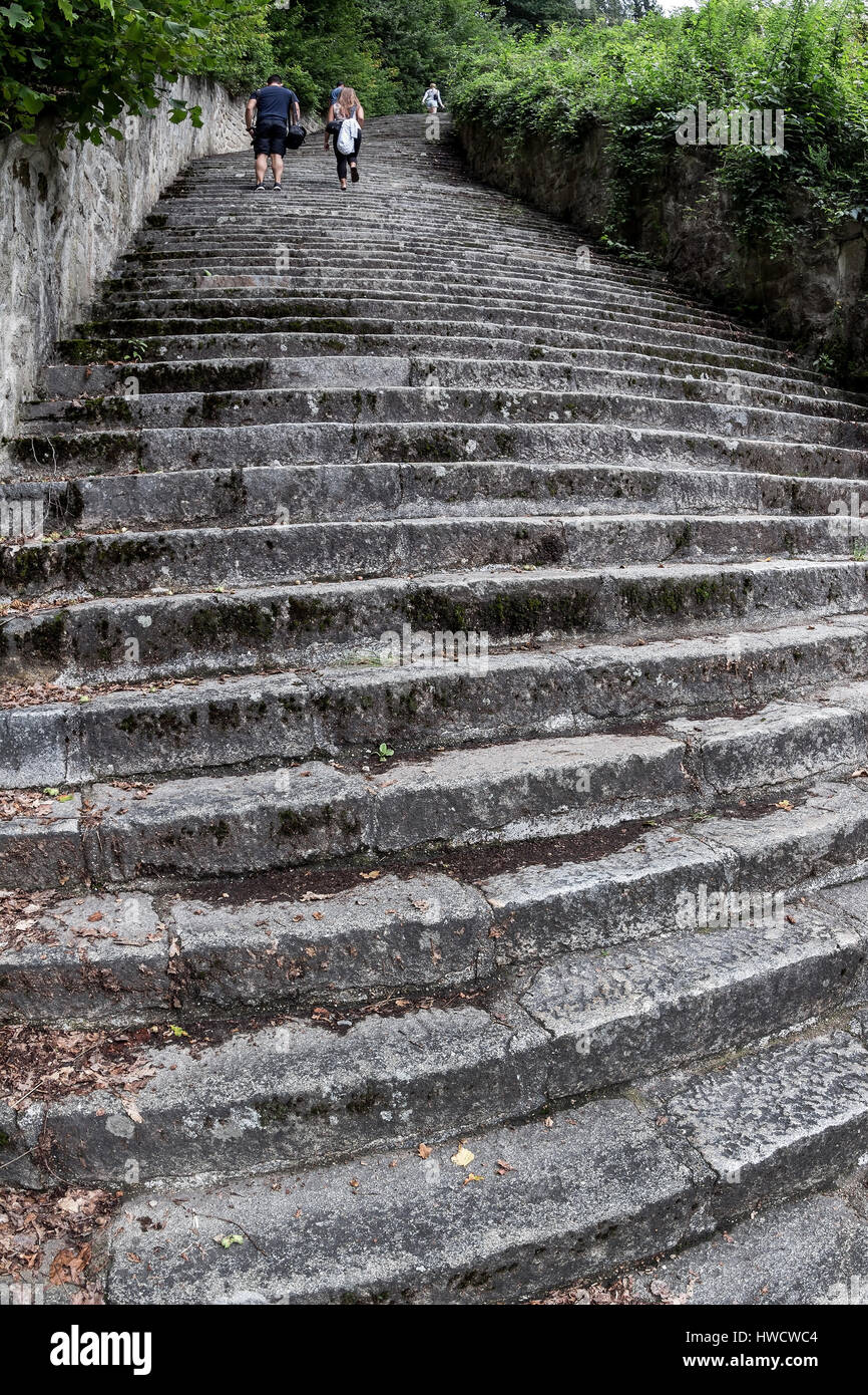 The death narrow staircase to the stone quarry in the concentration camp Mauthausen in Austria. Concentration camp of the step III from 1938 to 1945,  Stock Photo