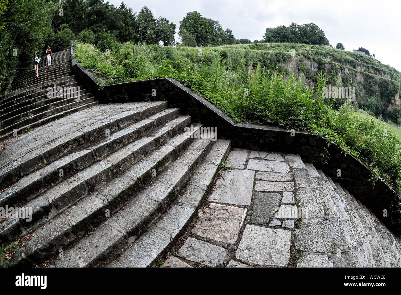 The death narrow staircase to the stone quarry in the concentration camp Mauthausen in Austria. Concentration camp of the step III from 1938 to 1945,  Stock Photo