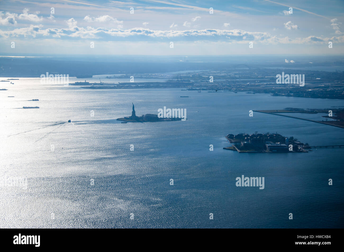 Aerial view of Upper New York Bay with Liberty Island and Liberty Statue - New York, USA Stock Photo