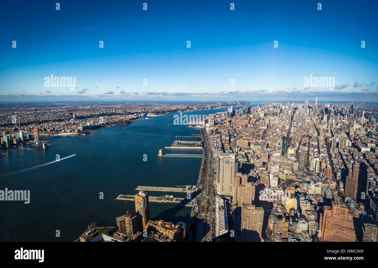 Skyline aerial view of Manhattan with skyscrapers and Hudson River ...