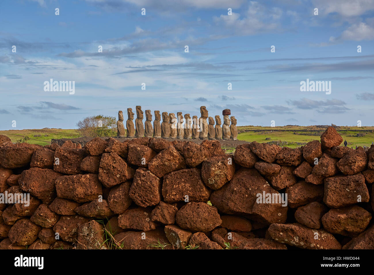 Ahu Tongariki, Moai, Rapa Nui, Easter Island, Isla de Pascua, Chile Stock Photo