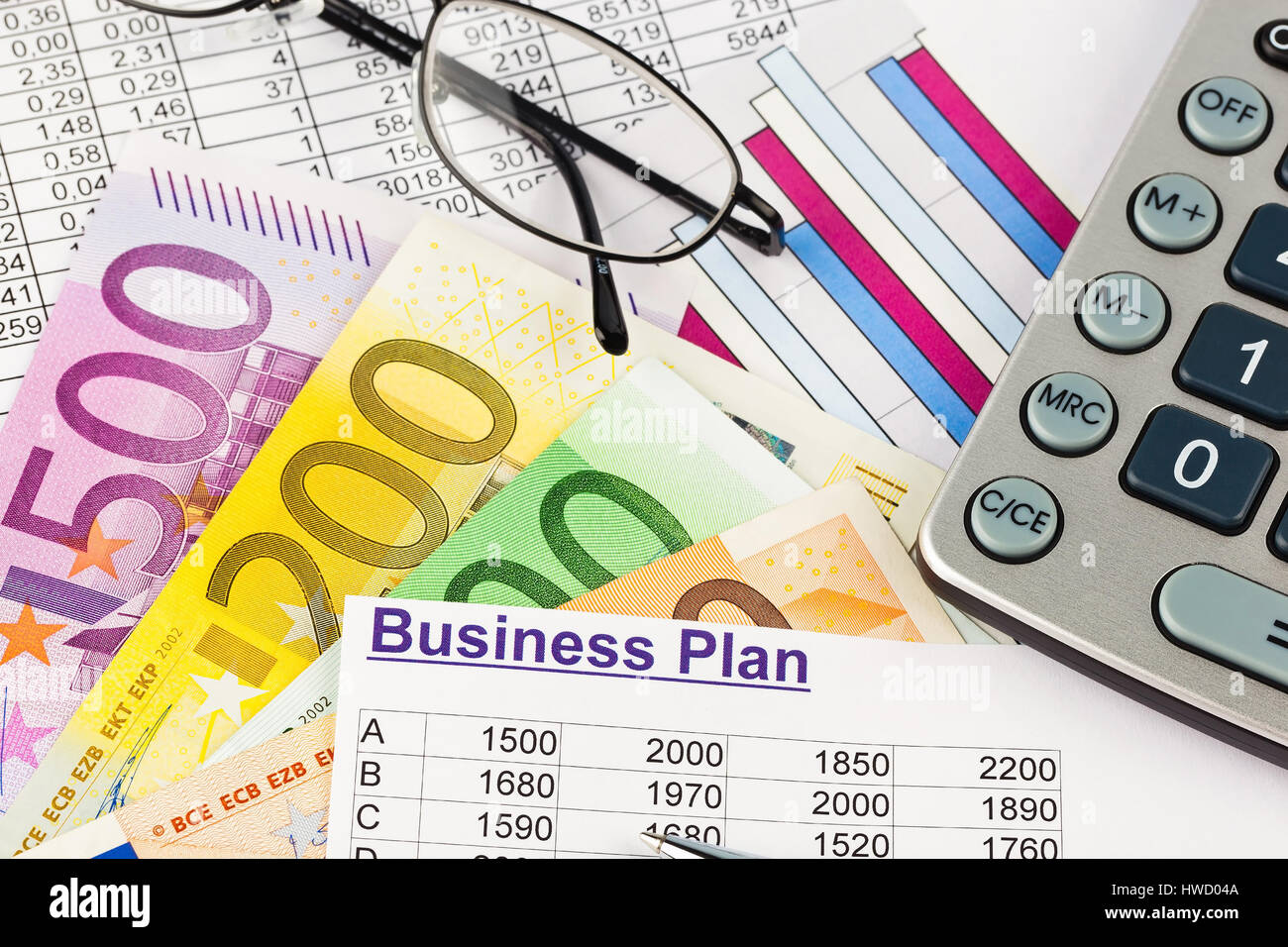 A business plan for the foundation of an enterprise. Ideas and strategies for the enterprise foundation. Eurobank notes and pocket calculators, Ein Bu Stock Photo