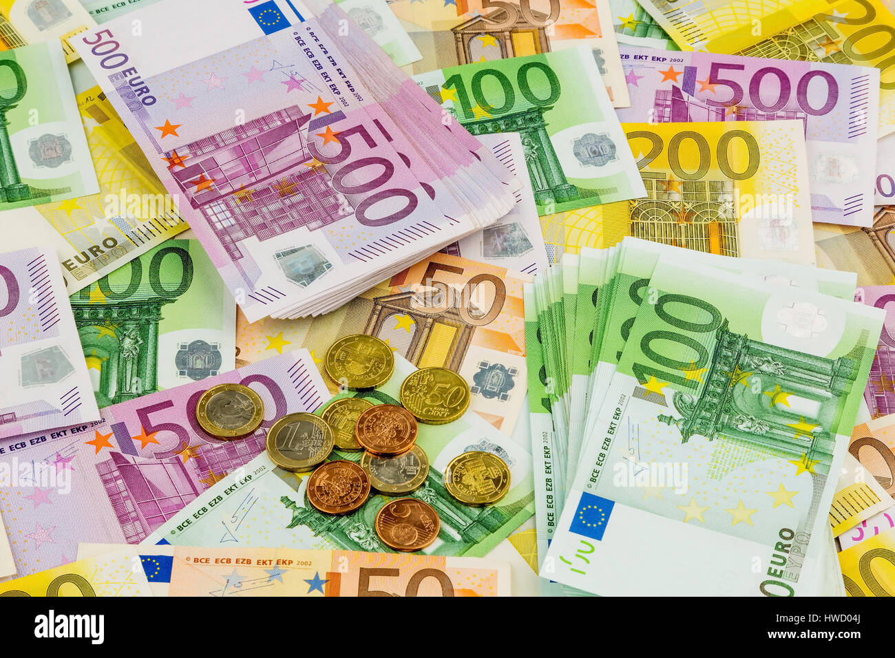 A lot of different euro of bank notes. Symbolic photo for wealth and investment., Viele verschiedene Euro Geldscheine. Symbolfoto fuer Reichtum und Ge Stock Photo