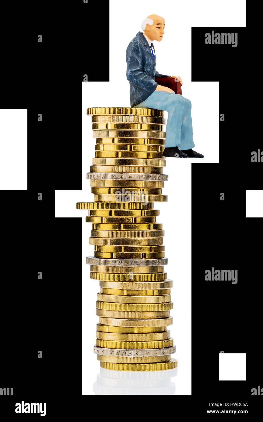 Pensioner sits on monetary pile, symbolic photo for old-age provisions and age protection, Rentner sitzt auf Geldstapel, Symbolfoto fuer Altersvorsorg Stock Photo