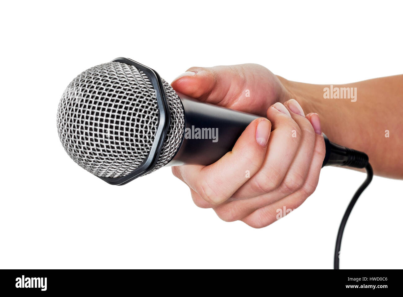 A woman holds a microphone in the hand. Interview and opinion poll, Eine Frau h‰lt ein Mikrofon in der Hand. Interview und Meinungsumfrage Stock Photo
