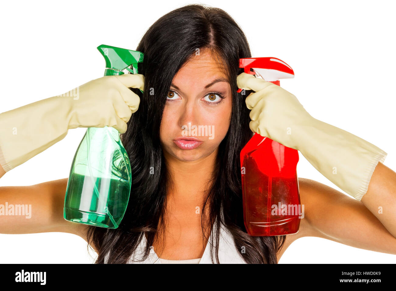 A young woman is unhappily the cleaning must take over, Eine junge Frau ist ungl¸cklich den Hausputz ¸bernehmen muss Stock Photo