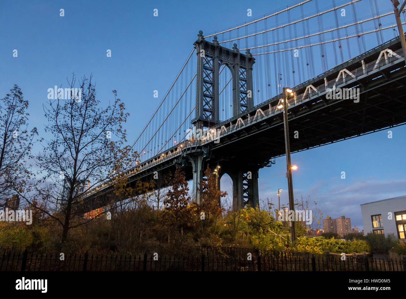 Manhattan Bridge seen from Dumbo on  Brooklyn at sunset - New York, USA Stock Photo
