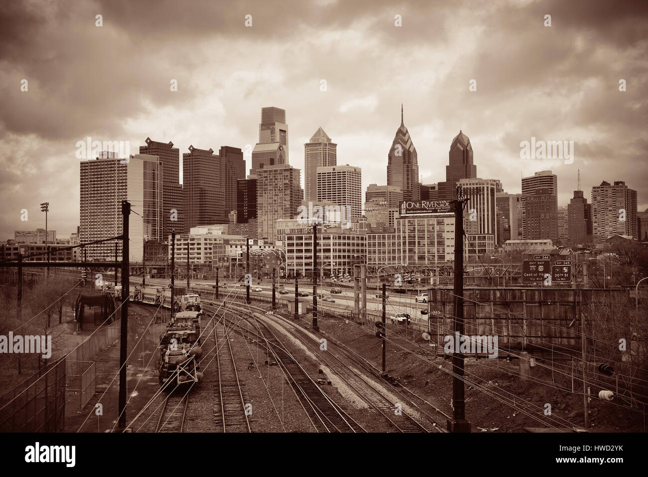 PHILADELPHIA, PENNSYLVANIA MAR 26 city skyline with cargo train on