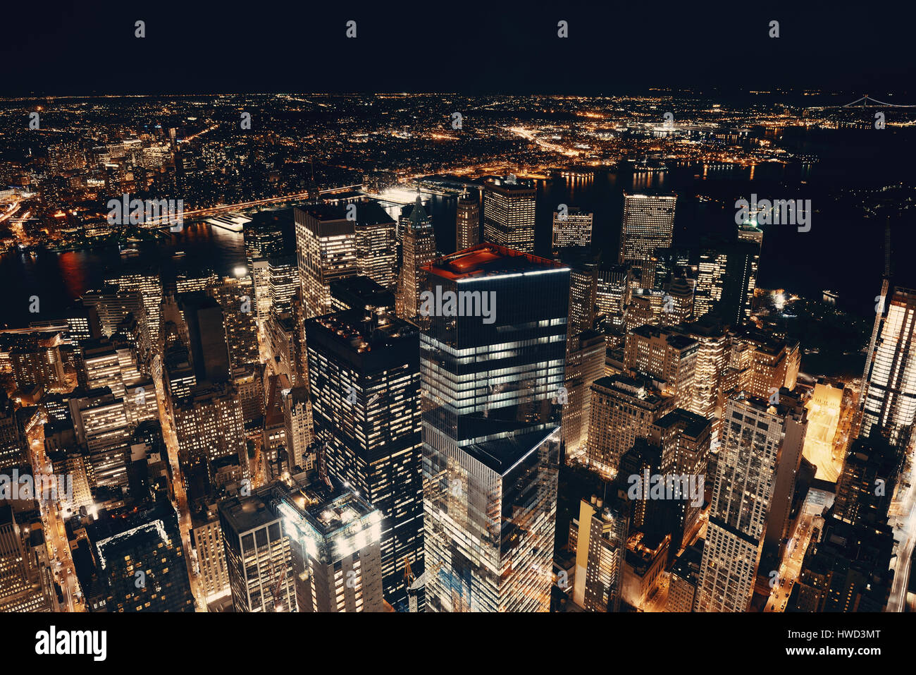 Rooftop Night View Of New York City Downtown With Urban Skyscrapers Stock Photo Alamy
