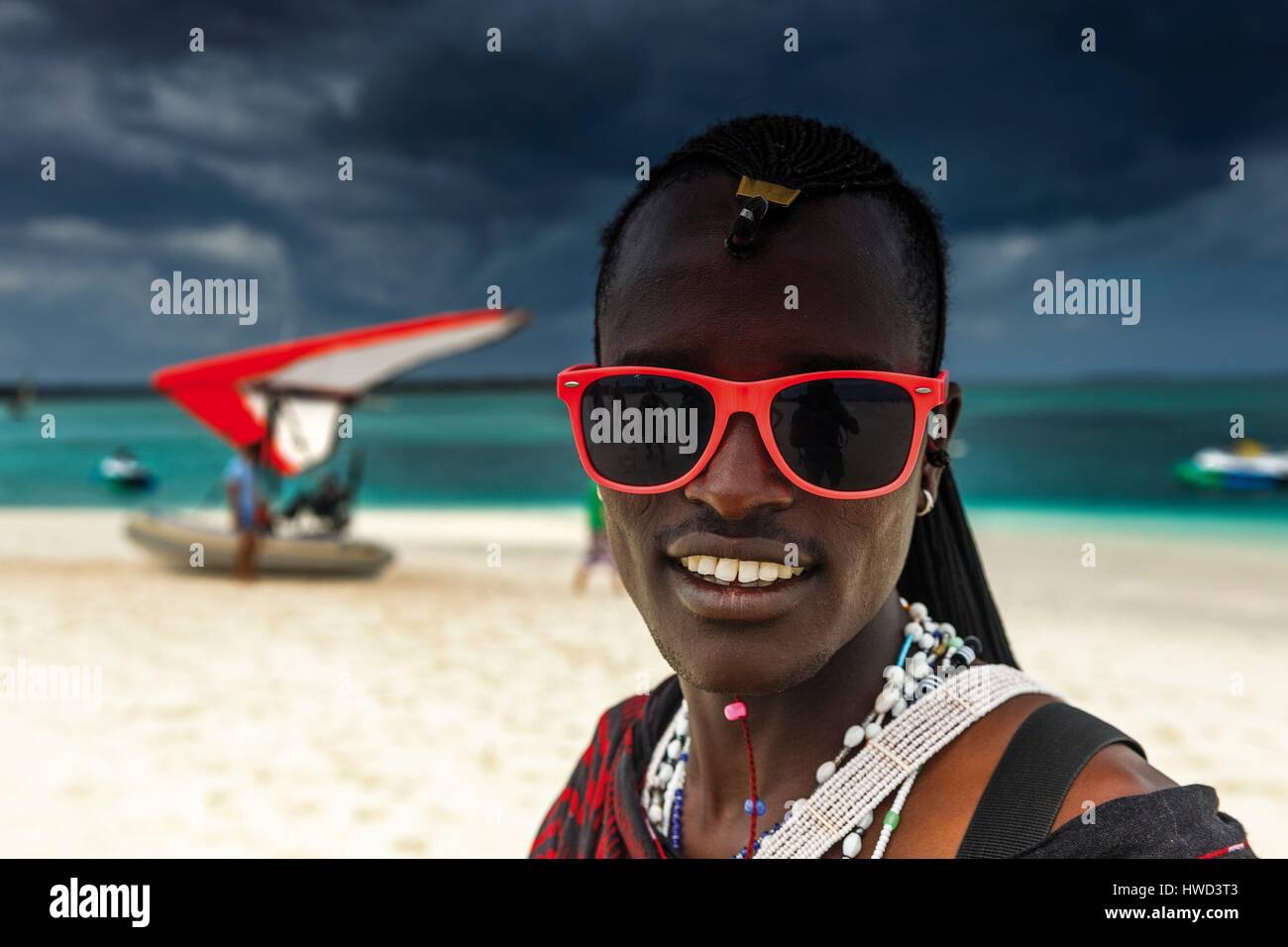 Tanzania, Zanzibar, Kendwa, Masai on the beach Stock Photo