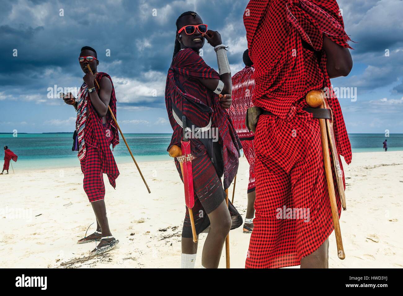 Tanzania, Zanzibar, Kendwa, Masai group seafront Stock Photo