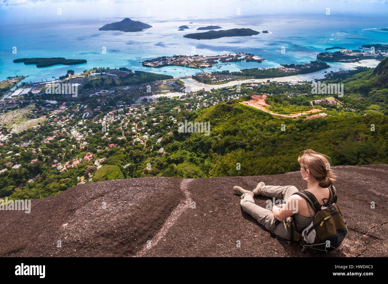 Seychelles, Mahe island, Morne Seychellois National Park, hiking Copolia, view overlooking the capital Victoria and its bay, from the granitic summit Stock Photo