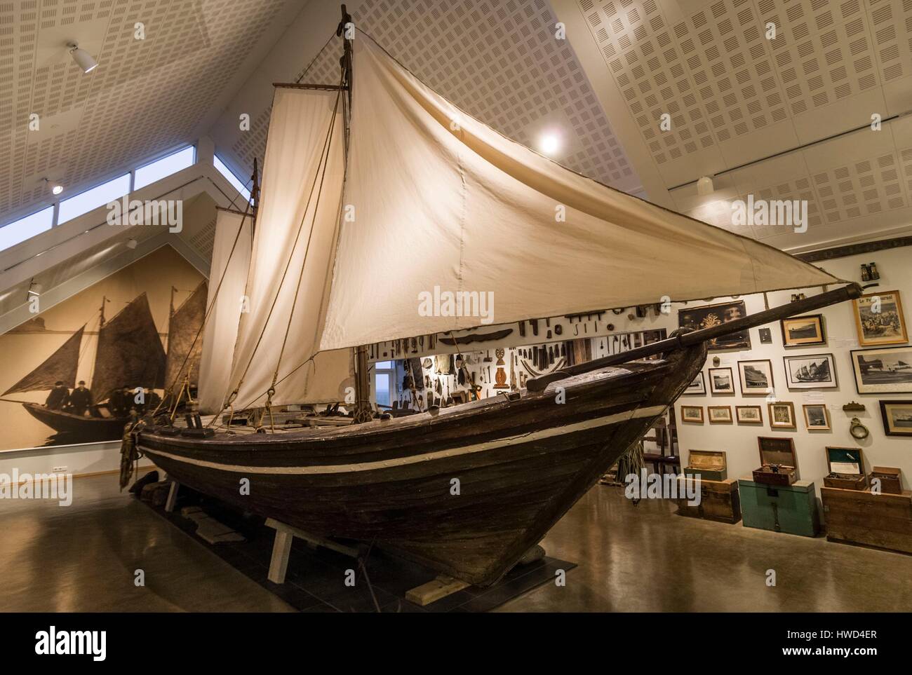 Iceland, North Atlantic, South, traditional fishing boat in the museum of Skógar, town of of the municipality of Rangárþing eystra located in Suðurland area, Pordur Tomasson collection Stock Photo