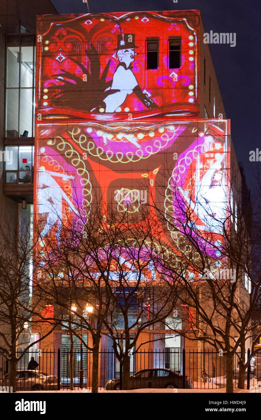Canada, Quebec, Montreal, entertainment district, Montreal High Lights Festival, wall video projection of Fascinoscope by Lüz Studio Stock Photo