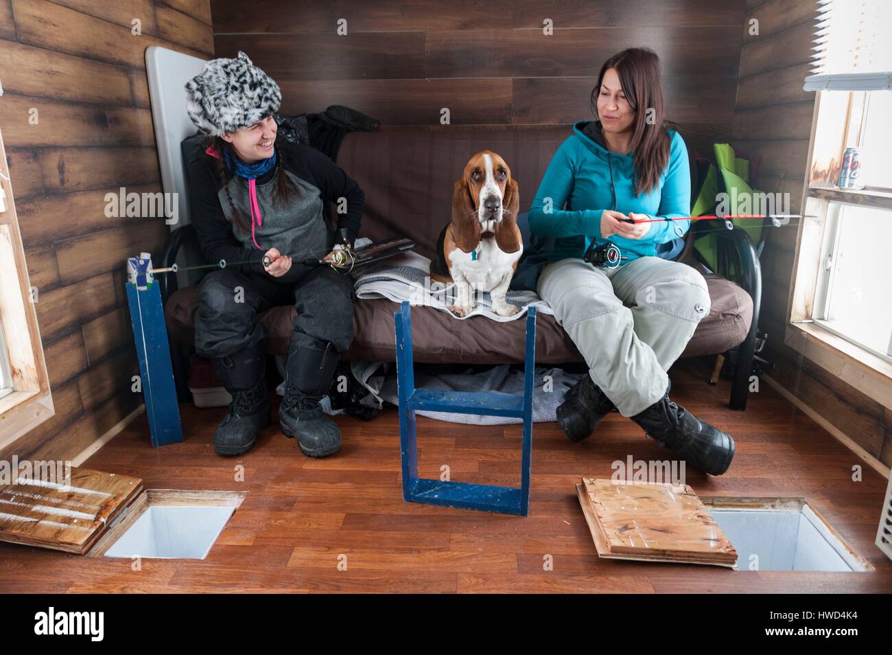 Canada, Quebec, Saguenay, La Baie, ice fishing village of Anse a Benjamin, inside a fishing hut