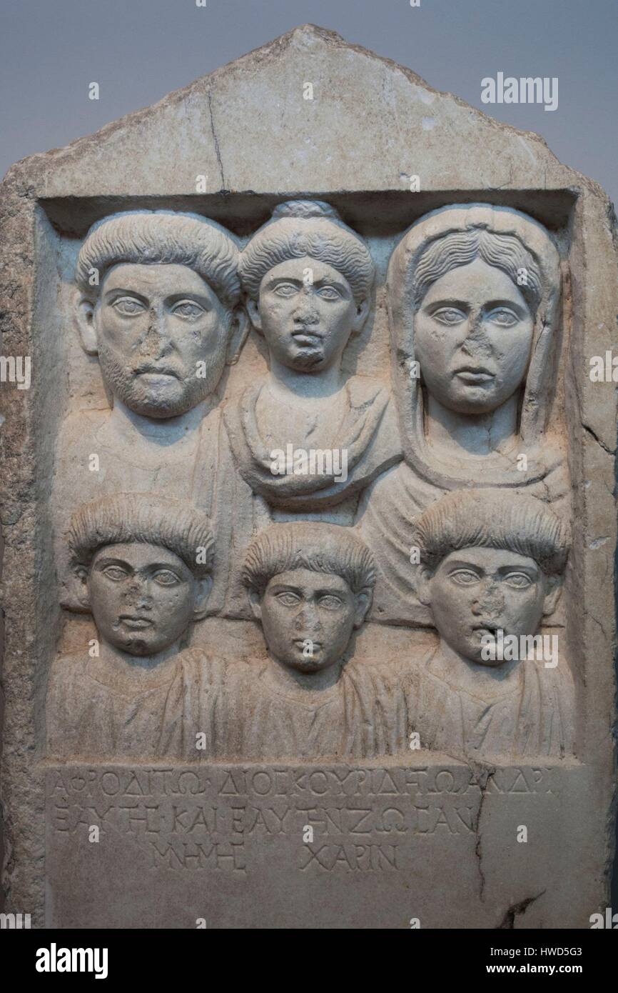 Greece, Central Macedonia Region, Thessaloniki, Archeological Museum, funeral stele with six portraits, 138-190 AD Stock Photo