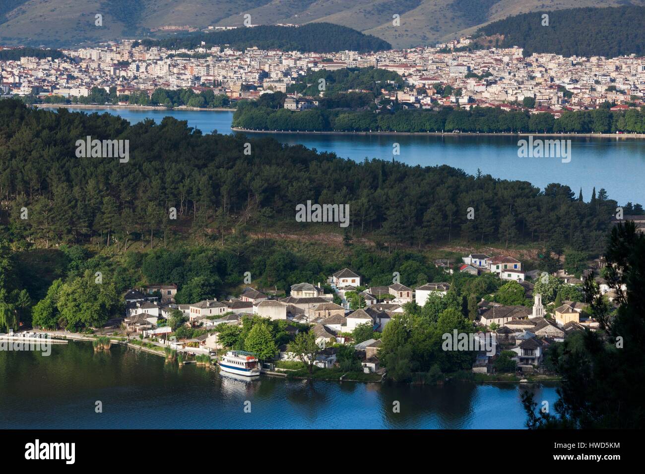 Greece, Epirus Region, Ioannina, elevated city view, Lake Pamvotis and Nisi Island Stock Photo