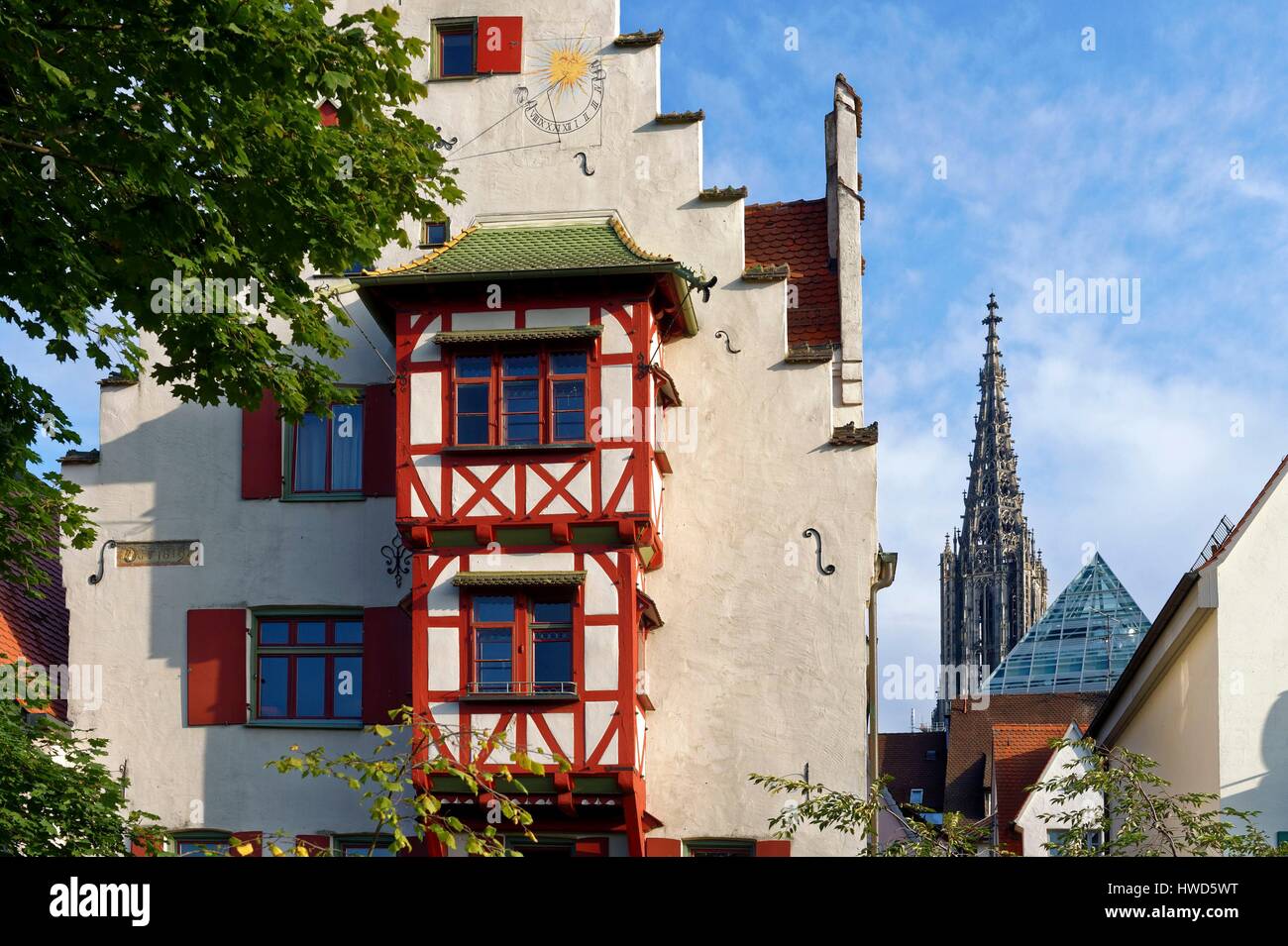 Germany, Bade Wurtemberg, Ulm, Albert Einstein' s birthplace, Fischerviertel, fishermen and tanners district and Lutheran Cathedral (Munster), the tallest church in the world with a steeple measuring 161m (530 ft) Stock Photo