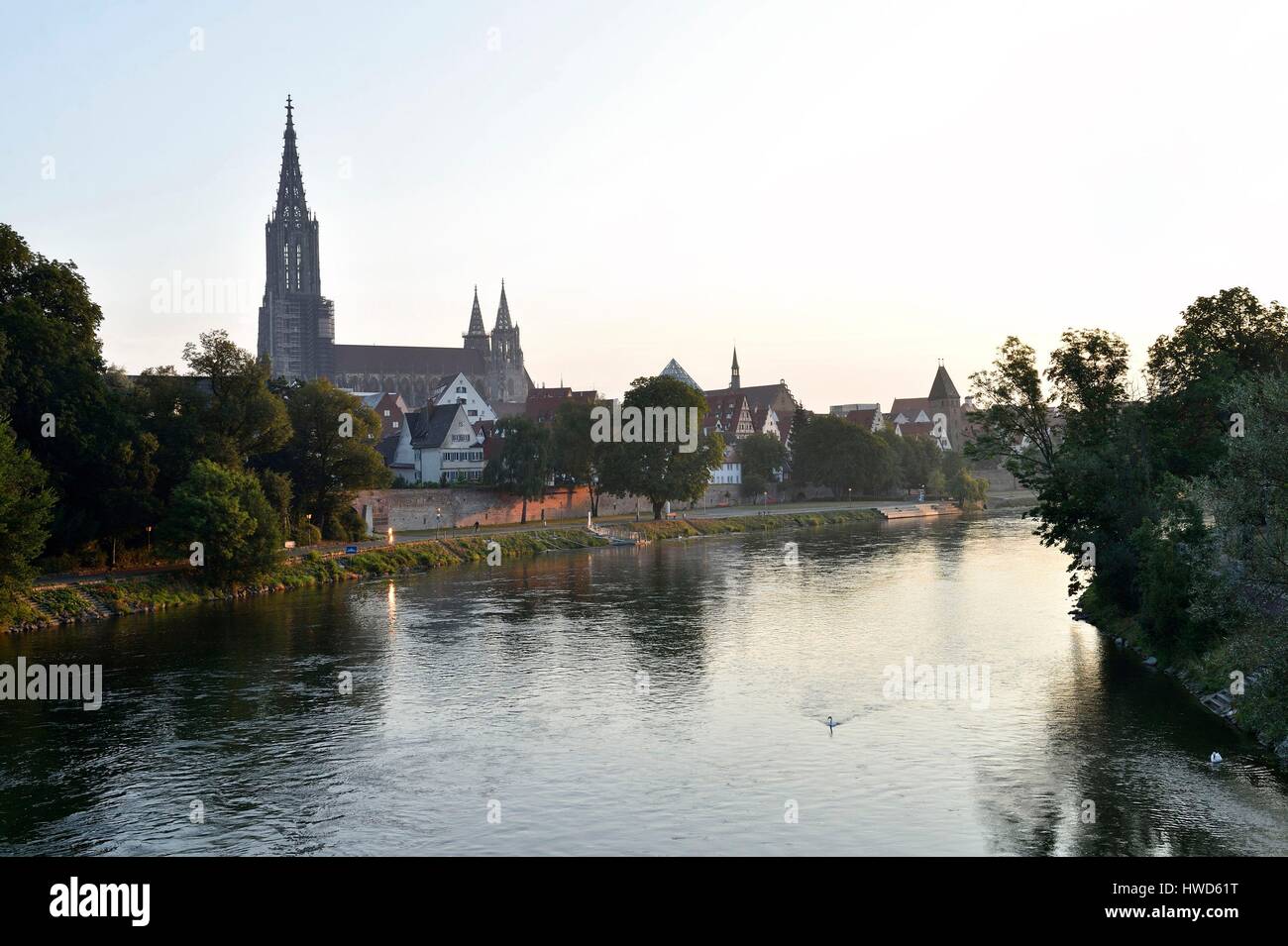 Germany, Bade Wurtemberg, Ulm, Albert Einstein' s birthplace, Danube river banks with city view, Lutheran Cathedral (Munster), the tallest church in the world with a steeple measuring 161m (530 ft) and Metzgerturm Stock Photo