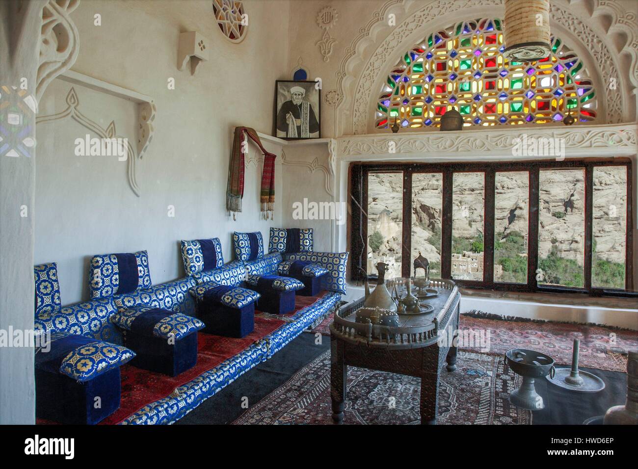 Yemen, a mafraj (living room) in the Dhar Al Hajjar in the Wadi Dhar