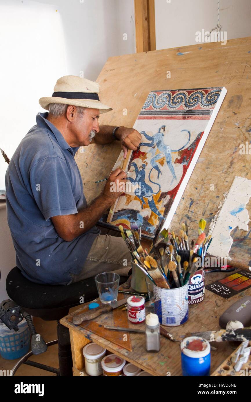 Greece, Cyclades, Santorini, painter making a copy of ancient Thera fresco Stock Photo