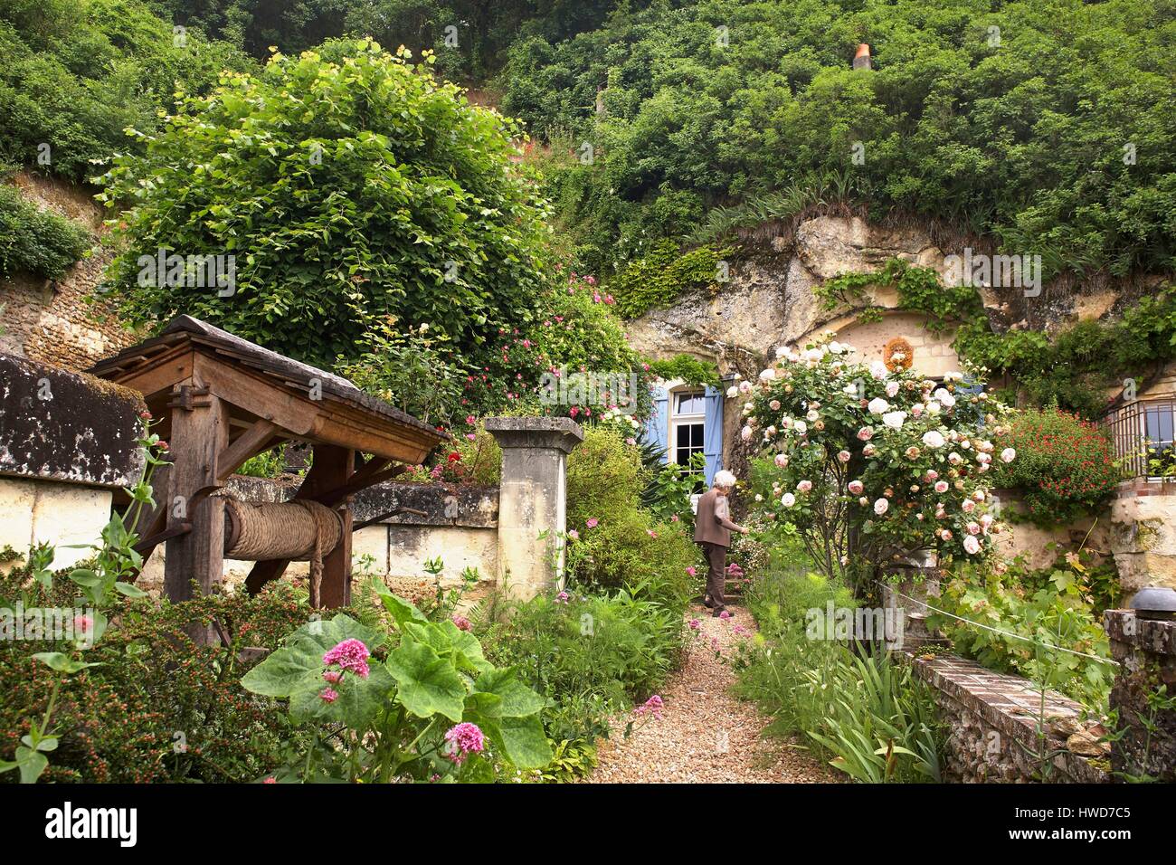 France, Loir et Cher, Troo, Garden and Cave House Stock Photo