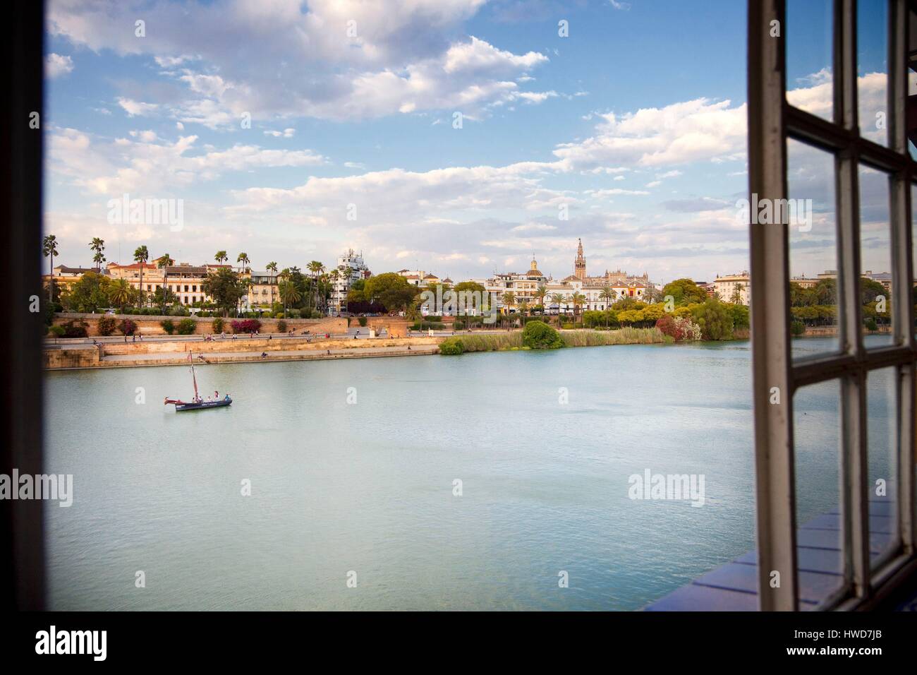 Spain, Andalusia, Sevilla, The Guadalquivir river seen from a tapas bar in Triana district Stock Photo