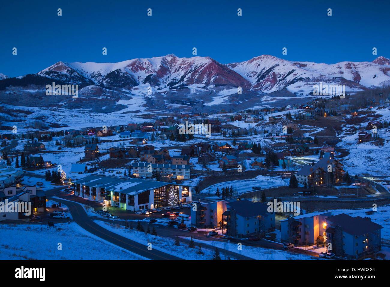 United States, Colorado, Crested Butte, Mount Crested Butte Ski Village, elevated view, winter, dusk Stock Photo