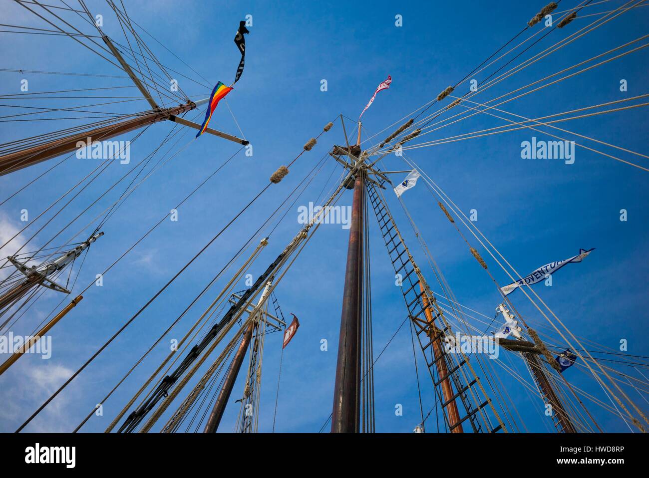 United States, Massachusetts, Cape Ann, Gloucester, America's Oldest Seaport, Annual Schooner Festival, schooner rigging Stock Photo