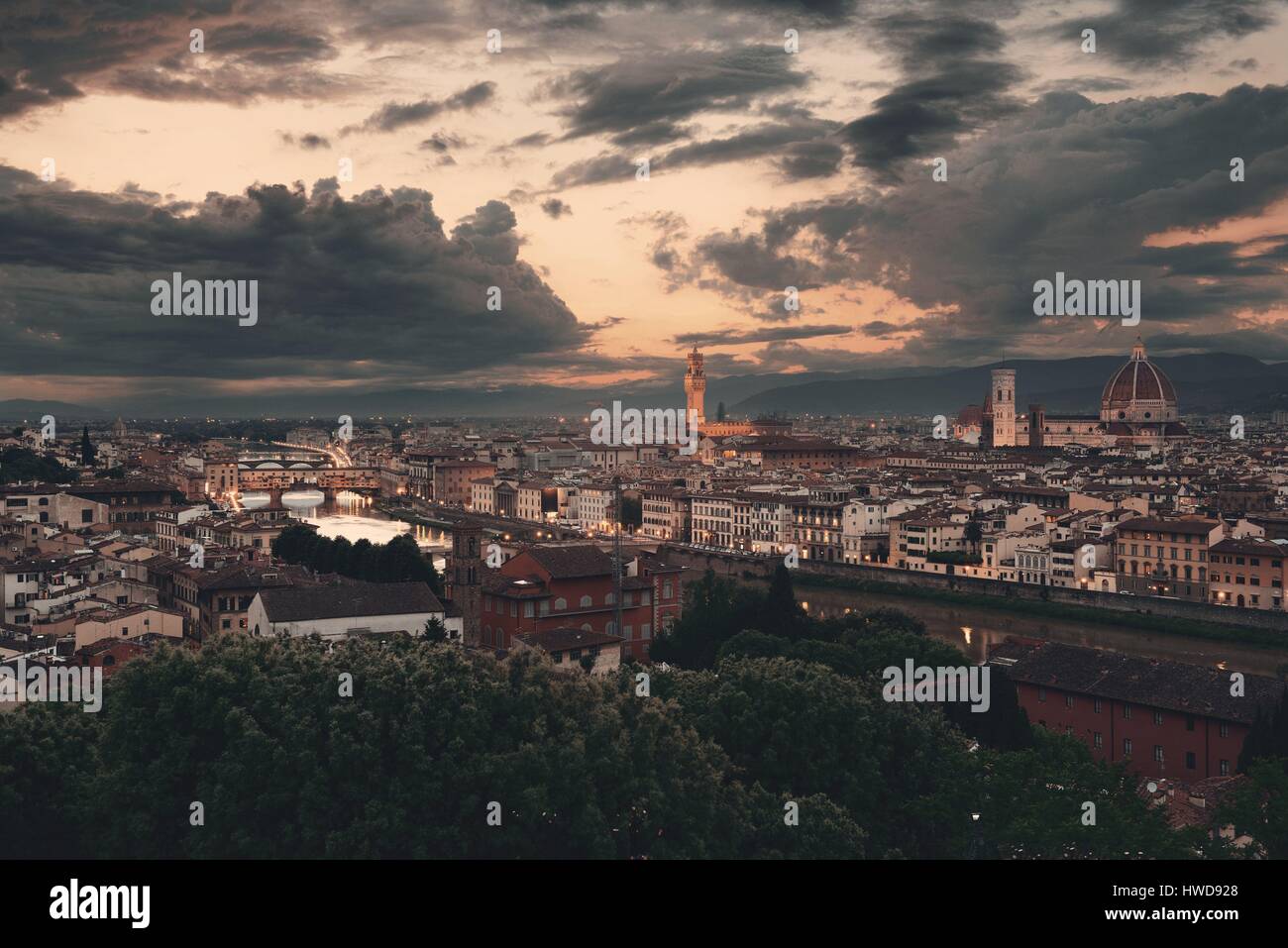 Florence skyline viewed from Piazzale Michelangelo at sunset Stock