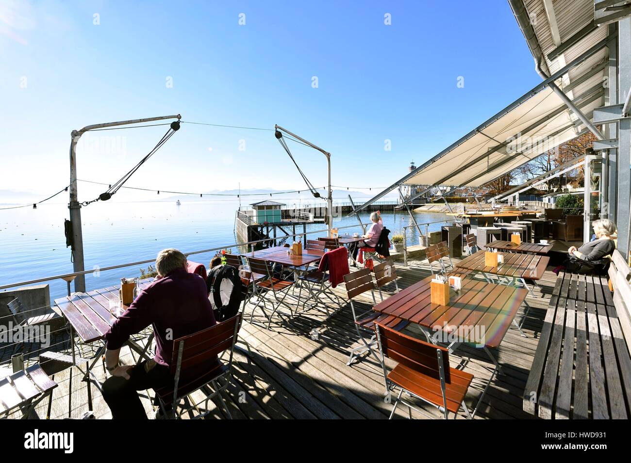 Germany, Bavaria, Lake Constance (Bodensee), Lindau, at the port, Mole 3 restaurant Stock Photo