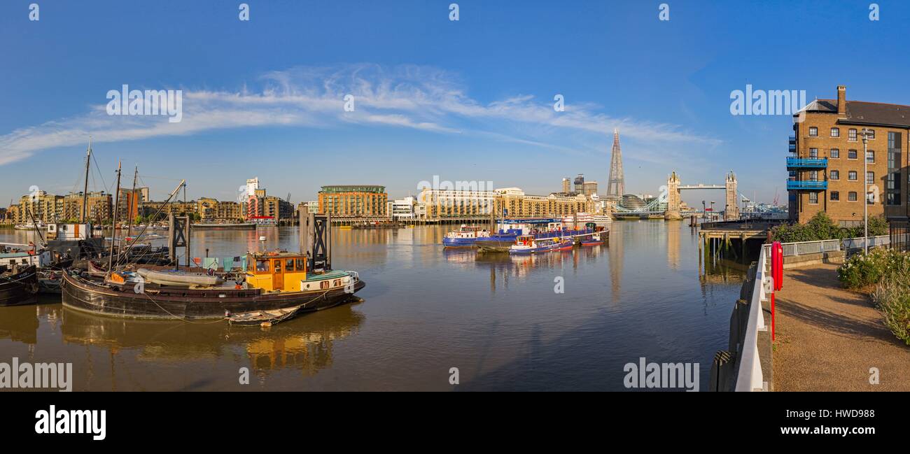 United Kingdom, London, the River Thames, near Tower Bridge, the skyscraper The Shard by architect Renzo Piano, City Hall by architect Norman Foster, barges on the river, Butlers Wharf, panoramic view Stock Photo
