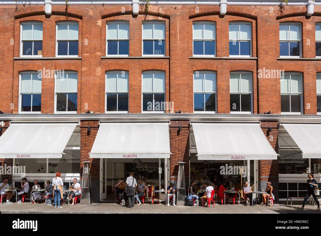 United Kingdom, London, Shoreditch district Boundary Street, the restaurant and coffee shop Albion and its terrace Stock Photo