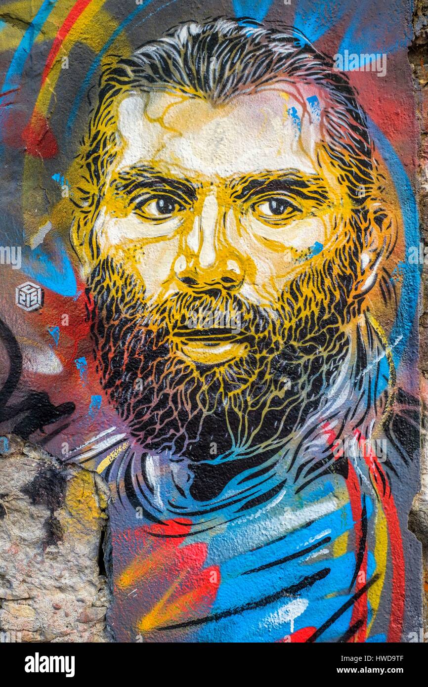 France, Isere, Grenoble, Grenoble Street Art Fest, dozens of artists express themselves in the streets of the city, Sebastien Chabal portrait by the artist C215, Bergers street Stock Photo