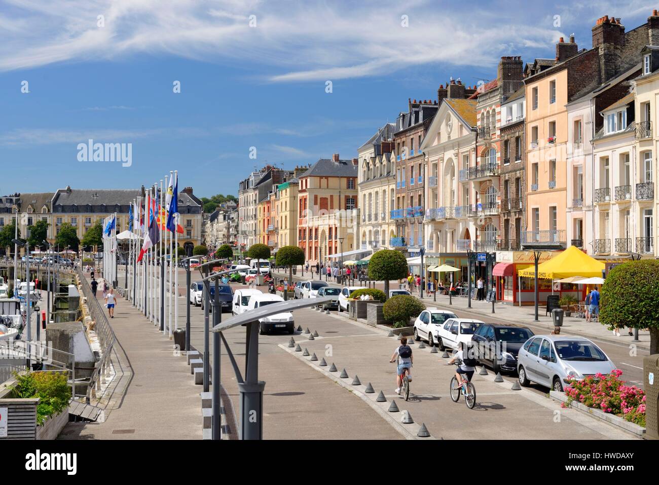 France, Seine Maritime, Dieppe, two bikers on the Quai Henri IV in front of the marina of Dieppe Stock Photo
