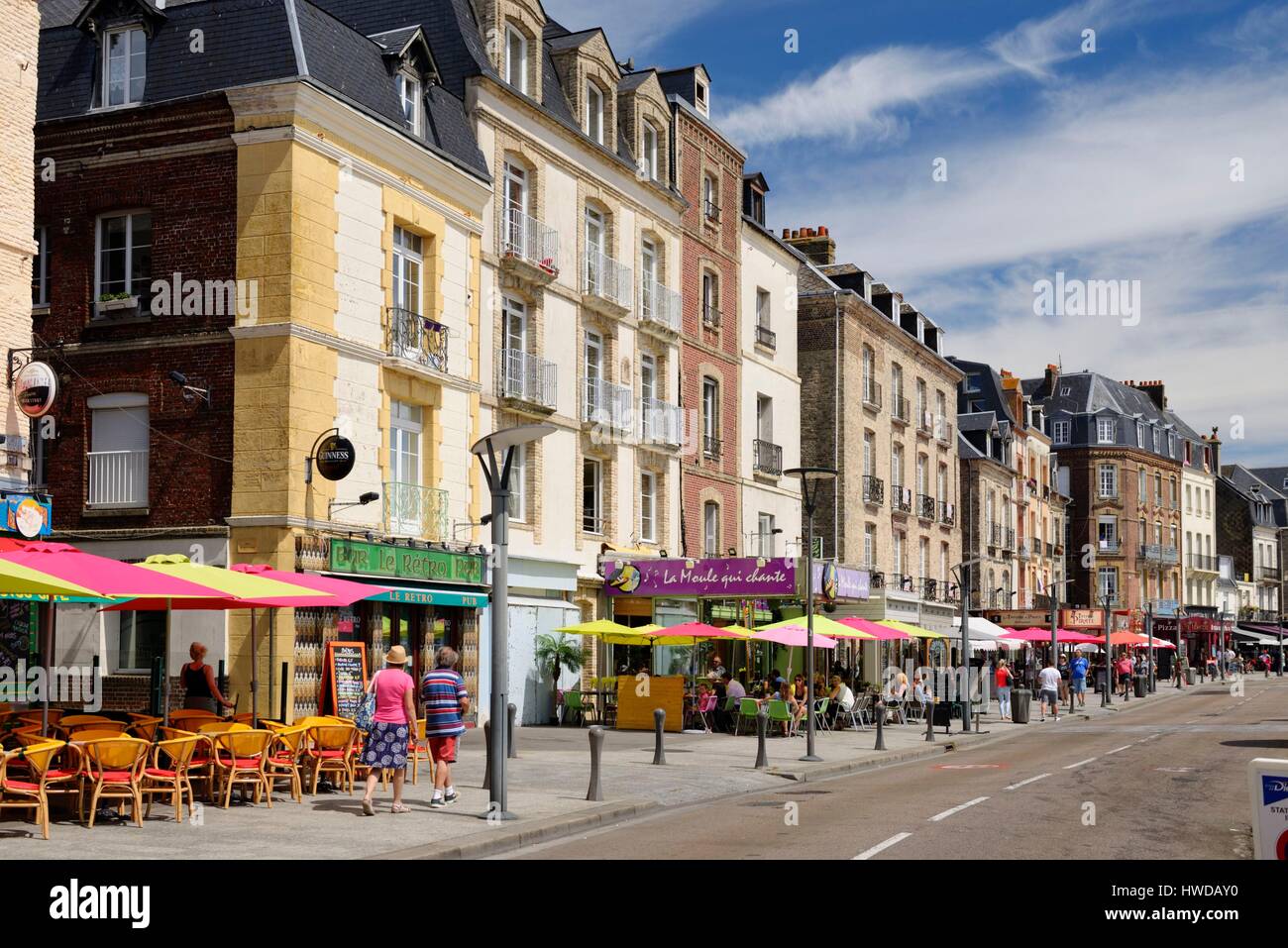 France, Seine Maritime, Dieppe, terraces of cafes and restaurants on the Quai Henri IV in front of the marina of Dieppe Stock Photo