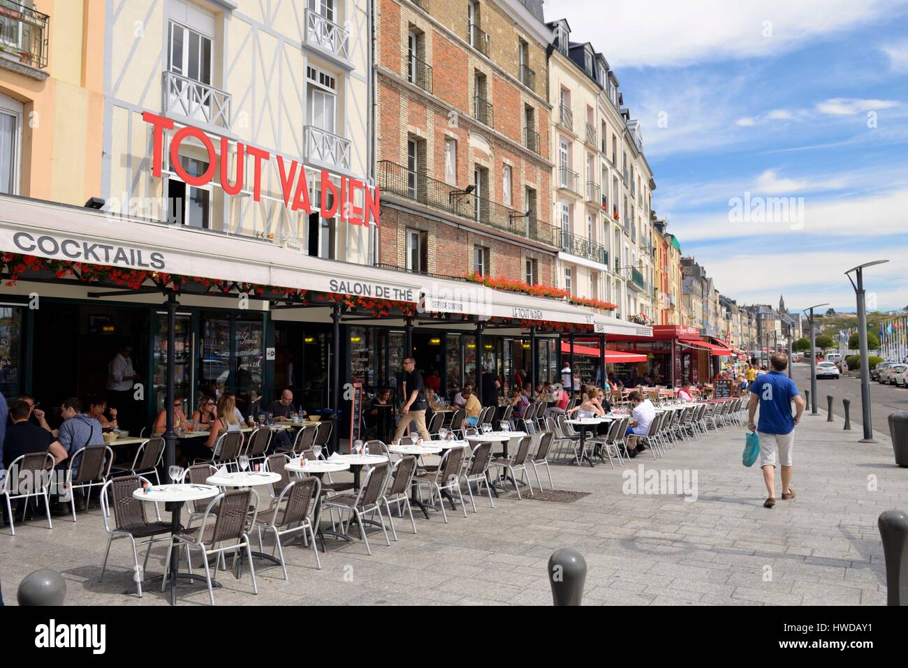 France, Seine Maritime, Dieppe, terraces of cafes and restaurants on the Quai Henri IV in front of the marina of Dieppe Stock Photo