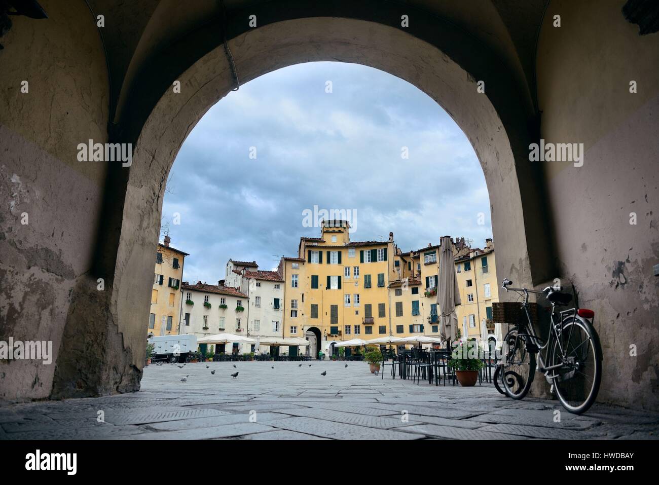 Arch entrance of Piazza dell Anfiteatro in Lucca Italy Stock Photo