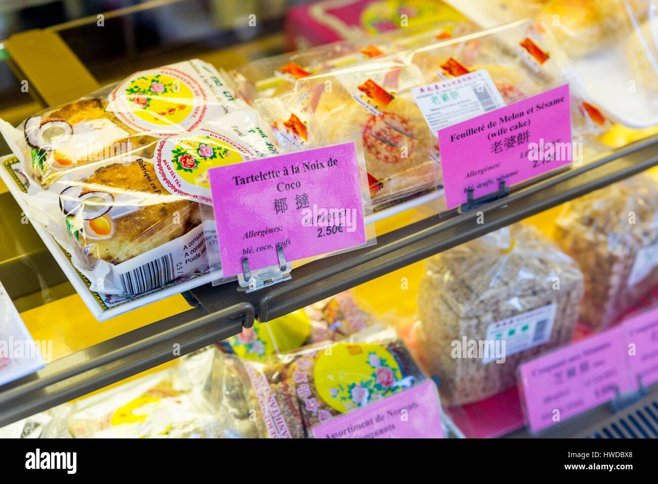 France, Paris, Chinatown of the XIIIth district, Chinese pastries Stock Photo