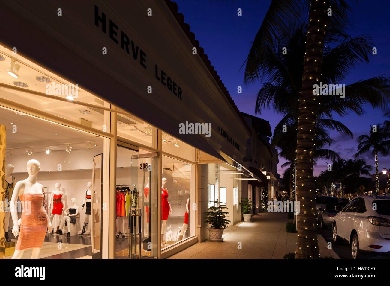 United States, Florida, Palm Beach, Worth Avenue, exterior of Herve Leger store, dusk Stock Photo