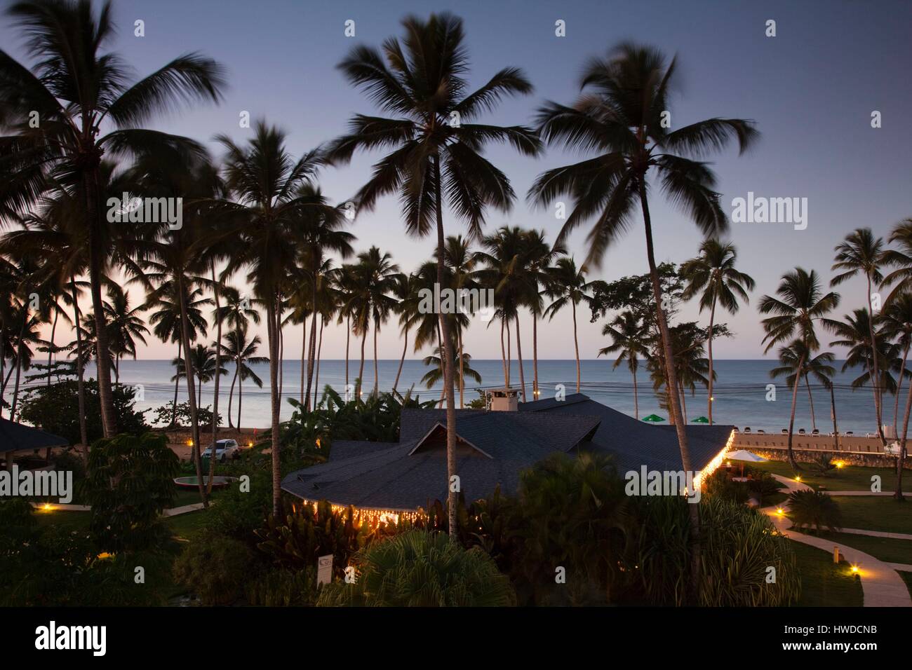 Dominican Republic, Samana Peninsula, Las Terrenas, Playa Las Terrenas and Alisei  Hotel, dusk Stock Photo - Alamy