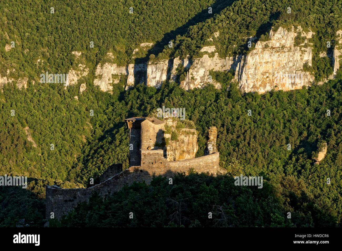 France, Aveyron, Riviere sur Tarn, Peyrelade castel of the 11th century dominating the Gorges du Tarn Stock Photo