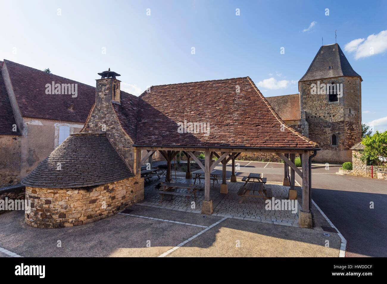 France, Dordogne, Périgord Noir, Audrix, the hall and the church of the