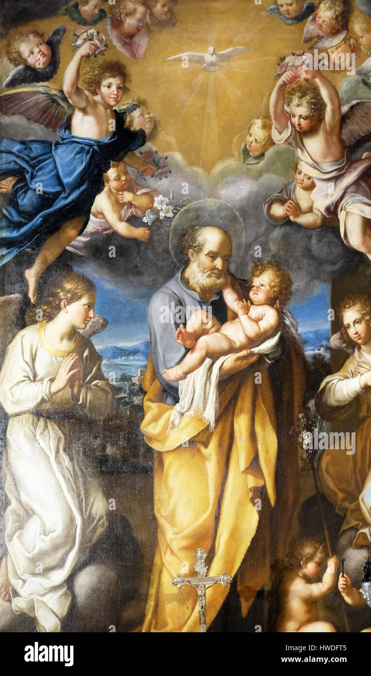 St Joseph with baby Jesus altarpiece by Francesco Cozza in Chapel Chapel of St Joseph, Basilica di Sant Andrea delle Fratte, Rome, Italy Stock Photo