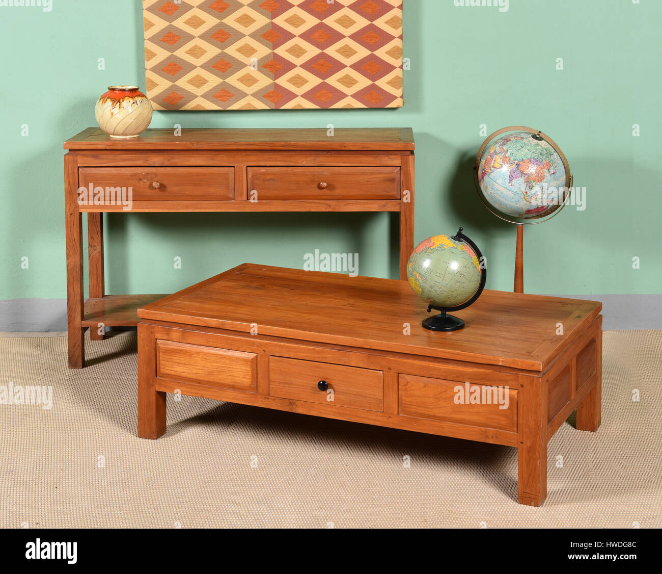 Retro Furniture Still Life of Two Wooden Tables with Globes and Vase in
